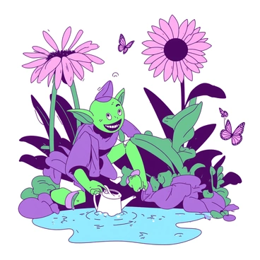A green goblin with pointed ears and a wide grin is kneeling in a whimsical garden filled with oversized plants and flowers. The goblin is wearing a patchwork outfit with various colors and textures. Surrounding the goblin are towering flowers with large, vibrant petals in shades of pink and purple. There are also gigantic leaves that resemble fans, fluttering slightly in the breeze. In the background, there is a bubbly blue pond reflecting the colorful garden, and butterflies with intricate patterns flit about, adding to the enchanting atmosphere. The goblin is carefully watering a giant sunflower with a small watering can.