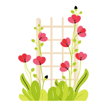 Poppies with vibrant red petals climbing up a wooden trellis in a quaint garden. The trellis is adorned with green vines that intertwine with the flowers. The garden features lush green foliage surrounding the poppies, creating a colorful and lively scene.