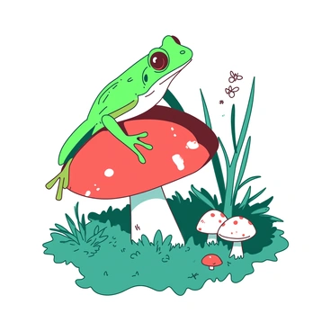 A green tree frog with large, bulging eyes is perched on a vibrant red mushroom. The frog's limbs are outstretched as it curiously examines the tiny landscape around it. Surrounding the mushroom are various small plants with thin, delicate leaves in shades of teal and white. The ground is covered with soft, lush moss that adds texture to the miniature world. Small insects can be seen fluttering around, while other mushrooms of different sizes are scattered throughout the scene, creating an enchanting atmosphere.