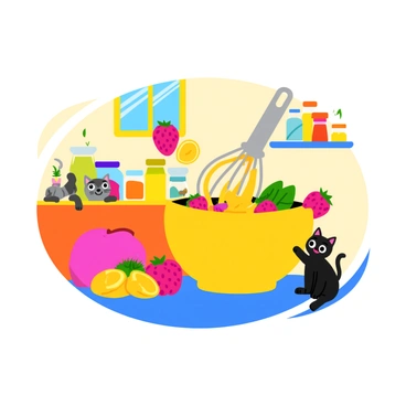 A whimsical scene in a colorful kitchen featuring a cheerful, smiling whisk with big, expressive eyes. The whisk is energetically swirling around a large mixing bowl filled with vibrant ingredients like pink strawberries, bright yellow lemons, and green mint leaves. Small droplets of batter are playfully splashing out of the bowl. In the background, there are colorful jars filled with various spices and a sunny window showing a bright blue sky. A curious little cat watches the whisk with wide eyes, perched on the countertop, while a small plant in a pot adds a touch of greenery to the scene.