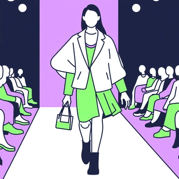 A model is walking on a runway, showcasing a transitional fashion collection. The model is wearing a stylish outfit that blends elements suitable for both warm and cool weather. The outfit features a light jacket draped over a flowing dress, which has layered textures and a dynamic silhouette. The model's accessories include a sleek handbag and ankle boots, complementing the overall look. In the background, the runway is lined with bright lights, creating an atmosphere of anticipation as the audience watches the presentation.