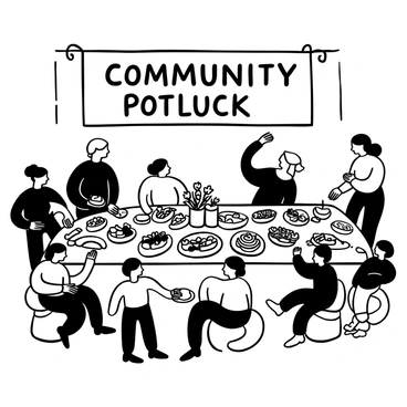 Neighbors gathered around a long table filled with a diverse mix of homemade dishes. Various plates contain colorful salads, casseroles, and baked goods arranged neatly. Some neighbors are standing with serving spoons, while others are seated, engaged in conversation. A large banner above the table reads "Community Potluck". There are decorative tablecloths and jars filled with flowers placed in the center of the table. Children are playing nearby, and a few adults are sharing recipes.