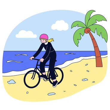 A fast biker riding along a scenic beach path, ocean waves in the background