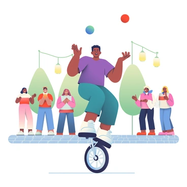 A street performer with light brown skin and a vibrant purple shirt is juggling three colorful balls in the air. He has a focused expression and short curly hair. He is riding a shiny silver unicycle, balancing skillfully as he performs. The balls are bright red, blue, and yellow, contrasting against the performer's outfit. Around him, a small crowd of onlookers is gathered, clapping and smiling in appreciation of his talent. The street has cobblestones, and there are a few trees in the background, with some hanging lanterns between them.