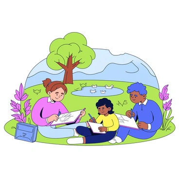 A group of students sitting on the grass in a park, each with a sketchbook in front of them. One student is drawing a large tree with a thick trunk and lush green leaves. Another student is focused on sketching a tranquil pond with small ducks swimming. A third student is capturing the outline of a distant hill with a clear blue sky above. They all have pencils in hand, with some sitting cross-legged and others resting on their elbows, surrounded by vibrant flowers and the soft texture of grass.