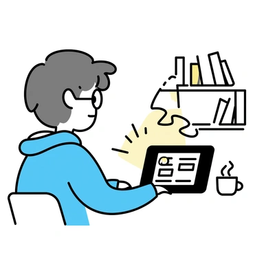 A student with short brown hair is sitting at a desk in a cozy room, facing a laptop. The student is wearing a blue hoodie and glasses, focused on the screen. There is a neatly organized bookshelf in the background, filled with various books. A soft light from a desk lamp illuminates the workspace, creating a warm atmosphere. The laptop screen displays an online classroom interface with multiple video thumbnails. A cup of tea sits beside the laptop, adding to the study environment.