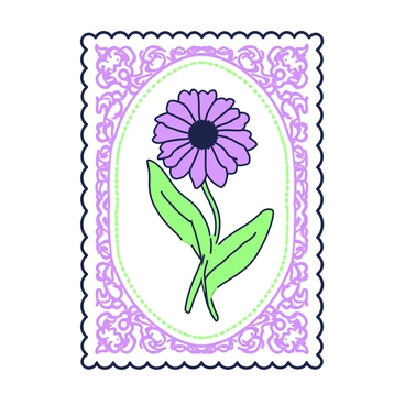 A postcard featuring a central illustration of a cornflower. The cornflower is depicted with intricate petals and a prominent center. Surrounding the illustration is a delicate lace border, which includes ornate patterns that create a soft and elegant frame. The lace features detailed designs that enhance the overall aesthetic of the postcard without overshadowing the cornflower inside. The background of the postcard is minimal to ensure the focus remains on the flower and the lace border.