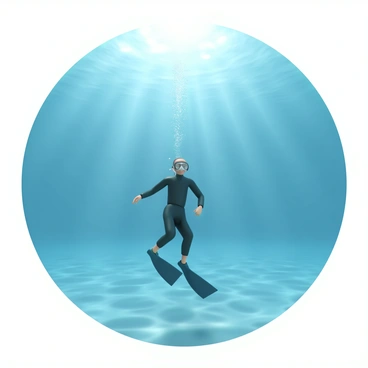 A diver, wearing a black wetsuit and a transparent mask, is swimming upward in clear blue water. The diver's fins are kicking energetically, propelling them toward the surface. Bright sunlight filters through the water, creating shimmering patterns. As the diver ascends, a series of bubbles trail behind, rising in a stream and reflecting the light. The surrounding water is a vibrant shade of blue, with visibility extending to the sandy ocean floor below.