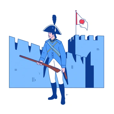 A blue soldier in a Napoleonic army uniform stands guard at a fortress. The uniform features a blue jacket with gold accents and white trousers. The soldier is holding a brown musket at his side, and a tall, black hat with a feather adorns his head. The fortress is made of gray stone, with tall, imposing walls and battlements visible in the background. A small flag with a red emblem flutters atop one of the fortress towers. The sky is clear, enhancing the bright colors of the scene.