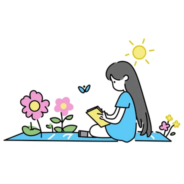A young girl writing in her notebook at a sunny, flower-filled park.