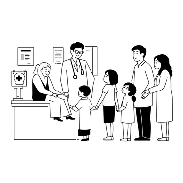 A family doctor is standing in an exam room, engaging with a multigenerational family. The doctor, wearing a white coat and a stethoscope around their neck, is smiling and looking at the family members. The family consists of a grandmother with glasses, a middle-aged father in a casual shirt, a mother with long hair, and two children, one boy and one girl. The grandmother is seated on the examination table, while the father and mother are standing beside the children. The children are holding hands and looking up at the doctor with curiosity. Medical equipment such as an otoscope and a chart are visible in the background. The room is well-lit and includes posters about health on the walls.