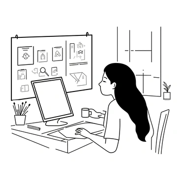 A French girl is seated at a large wooden desk in her graphic design studio. She has long, flowing hair and is wearing a casual t-shirt with rolled-up sleeves. The studio is filled with various art supplies including colored pencils, sketchbooks, and paintbrushes scattered around the desk. A large window lets in light, illuminating the many design sketches pinned to the walls. She is focused on her computer screen, with a digital drawing tablet in front of her. A coffee mug and a small plant are on the desk, adding to the creative atmosphere.