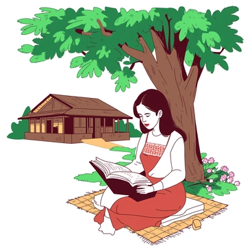 A Maria Clara in a traditional outfit, adorned with delicate lace and floral patterns, is seated on a woven mat under a large tree with abundant green leaves. She is engrossed in reading a thick book, holding it open with both hands. The sunlight filters through the leaves, creating dappled patterns on the ground. In the background, a classic Filipino house with wooden walls and a thatched roof stands prominently, showcasing intricate details and a welcoming porch. Flowers bloom around the base of the tree, adding vibrant life to the scene.