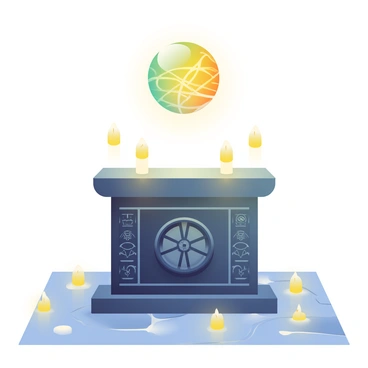 An ornate altar made of dark stone is situated in the center of the image. Above the altar, there is a large orb that is floating and pulsing with vibrant light and energy. The orb emits a warm golden glow that casts reflections on the altar's surface. Surrounding the altar are a series of small candles, their flames flickering softly in the ambient light. Intricate carvings are visible on the altar, featuring ancient symbols and mystical motifs. The floor beneath the altar is made of polished marble, glistening subtly from the light of the orb.