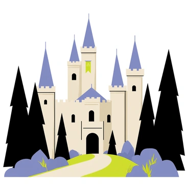 A grand castle with beige stone walls and towering gray spires reaching into the sky. The castle features large arched windows and banners hanging from the towers. Surrounding the castle is a dark, ominous forest filled with tall, dark green trees and thick underbrush. Shadows lurk among the trees, creating a mysterious atmosphere. A winding path leads from the forest to the castle's entrance, highlighted by scattered rocks and patches of grass.