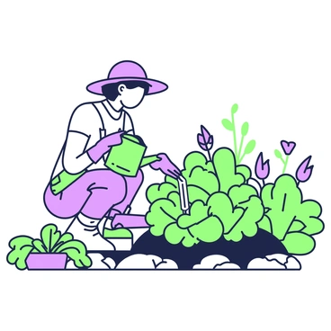 A caretaker is kneeling in a garden, carefully tending to an array of plants. She is wearing a wide-brimmed hat and gloves, with a watering can in her right hand. The garden is lush, filled with various types of plants, including blooming flowers and green leafy vegetables. In front of her, she is gently pouring water onto a cluster of vibrant plants. A small garden tool rests nearby, and a few flower pots are arranged on a stone path. Sunlight casts soft shadows across the garden, highlighting the caretaker’s focused expression as she nurtures the plants with dedication.