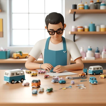 An artisan, wearing a blue apron and glasses, is seated at a wooden workbench in a well-lit workshop. He has a focused expression as he meticulously shapes small pieces of colorful plastic and metal. Surrounding him are tools such as scissors, pliers, and paintbrushes, along with various completed miniature jeepney models in vibrant colors. The workshop shelves are filled with paints and raw materials, and a window in the background allows natural light to flood the space, illuminating the intricate details of his work.