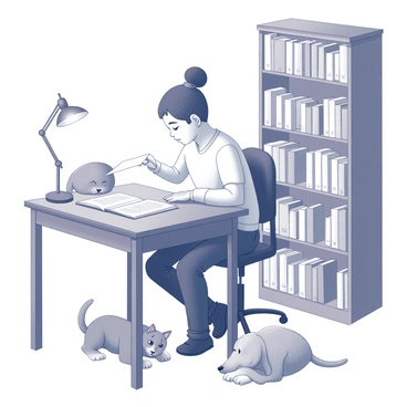 A student sitting at a desk, focused on their studies. The student is flipping through a textbook, with notes scattered around. A small cat, curled up comfortably, is resting on the desk, its paws tucked under its body. Nearby, on the floor, a dog is lying down, its head resting on its paws, watching the student attentively. The room has a cozy atmosphere, with a warm light coming from a lamp on the desk. Bookshelves filled with various books can be seen in the background, adding to the study environment.