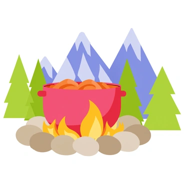 A large red pot filled with rich, bubbling chili is set over a crackling campfire. The campfire has glowing orange and yellow flames, illuminating the pot. Surrounding the campfire are smooth stones arranged in a circle. In the background, there are tall, majestic mountains with rugged peaks, under a clear blue sky. Lush green trees are scattered around the campsite, completing the scenic view.