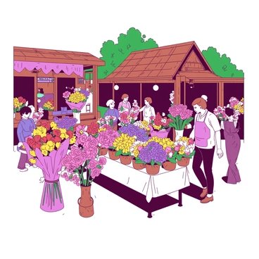 A bustling village flower market with vendors selling colorful bouquets