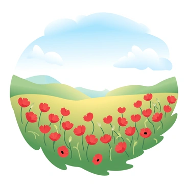 A vast field is covered in bright red poppies, their petals vibrant against the green grass. The flowers are spread out in clusters, swaying gently in the breeze. Above the field, a clear blue sky stretches out, with a few wispy white clouds drifting. The sunlight bathes the scene in a warm glow, enhancing the colors of the flowers and the landscape. In the distance, gentle hills can be seen, adding depth to the tranquil setting.