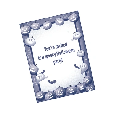 An invitation card designed for Halloween festivities. The card features a border adorned with "carved pumpkins," showcasing various expressions, some smiling and others with frightful faces. In the background, "ghosts" of different shapes and sizes float playfully, their features slightly exaggerated for an eerie effect. The text "You're invited to a spooky Halloween party!" is prominently displayed in the center, surrounded by decorative elements like cobwebs and bats. The overall composition invites a sense of fun and spookiness, fitting for the Halloween theme.