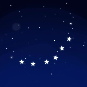 A deep blue night sky filled with a gradient of darker shades towards the top. There are eight stars scattered across the sky, with one star notably larger and more muted than the others. The seven remaining stars shine brightly, each with distinct twinkling effects that create a sense of motion and luminosity. The bright stars are situated in a slight curve, emphasizing the concept of "8/7". Each star has a unique shape and glow, surrounded by small sparkles to enhance their brilliance against the dark backdrop.