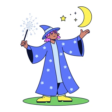 A wizard wearing a flowing blue robe with silver stars is casting spells with a wand made of shimmering stardust. The wand emits sparkles of light as he waves it gracefully. Above him, a bright crescent moon illuminates the night sky, surrounded by a few twinkling stars. The ground is a simple grassy field, enhancing the magical atmosphere of the scene.