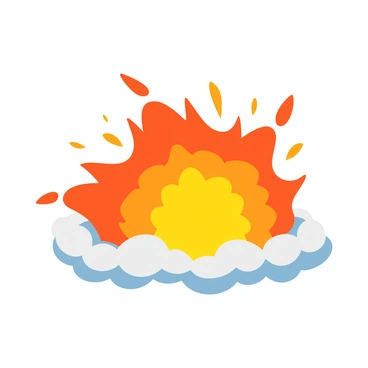 A small hydrogen explosion with a vibrant burst of colors. The explosion has bright orange and red flames shooting outward, contrasting with shades of yellow and hints of blue along the edges. Smoke rises in fluffy white and gray clouds, blending into the fiery backdrop. Sparks and small embers are scattered throughout, adding dynamic movement to the scene. The overall effect is a visually striking display of energy and brightness.
