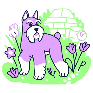 A noble-looking Schnauzer stands proudly in a lush garden. The dog has a well-groomed, distinct beard and prominent eyebrows that accentuate its expression. Its ears are cropped and alert, while its fur is neatly trimmed, displaying a well-defined shape. Surrounding the Schnauzer are vibrant flowers in various positions, adding depth to the scene. In the background, a stone path leads through the garden, inviting the viewer’s eye to explore further.