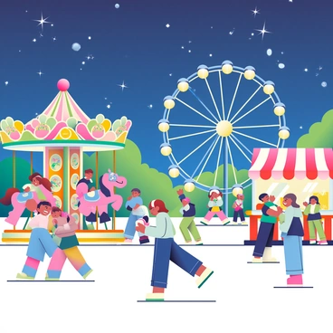 A vibrant night fair is bustling with activity. The sky is deep blue, dotted with stars, creating a magical backdrop. Twinkling fairy lights are strung across the various rides, casting a warm glow on the scene. Families are gathered, smiling and laughing as they enjoy the rides. To the left, a colorful carousel with intricately painted horses spins gently, with children gleefully riding on it. In the center, a towering Ferris wheel is illuminated with bright lights, offering a stunning view of the fair below. On the right, a popcorn stand with a bright red awning is busy, and the sweet scent of popcorn fills the air. Children are running around, their faces lit up with excitement, while parents capture moments on their phones.