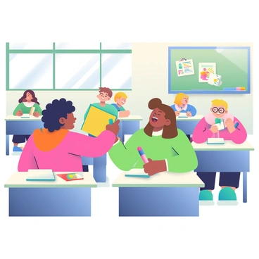 A classroom filled with students happily exchanging school supplies. In the foreground, a student with curly black hair is handing a bright yellow notebook to a classmate with straight brown hair, who is smiling widely. Nearby, a girl with glasses is sharing colorful gel pens with a boy who has blonde hair, both laughing. The walls are adorned with educational posters, and there are desks arranged neatly in rows. A large window lets in sunlight, illuminating the scene and enhancing the vibrant colors of the supplies. A bulletin board covered with student artwork is visible in the background.