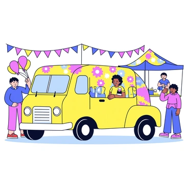 A yellow truck with bright, colorful floral patterns covering its sides. The truck is parked at a festival, surrounded by vibrant decorations and lively stalls. There are people in the background enjoying the festivities, some holding balloons and others participating in games. The ground is adorned with hanging banners and string lights, adding to the festive atmosphere.