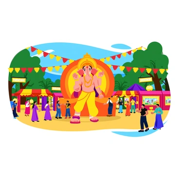 A vibrant village festival scene with colorful decorations strung between trees and buildings. There are bright banners and lanterns in a mix of red, yellow, and green. In the center, a large Ganesha idol is prominently displayed, adorned with intricate designs and vibrant flowers. People in traditional attire are gathered around, some dancing, while others are offering prayers and sweets at the feet of the idol. Stalls with various snacks and handmade crafts are positioned along the sides, adding to the festive atmosphere.
