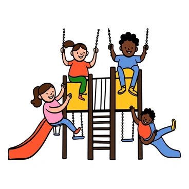 A group of children playing on a jungle gym, smiling and laughing. There are kids of different ages and ethnicities, including a light-skinned girl with brown hair wearing a pink shirt and a dark-skinned boy with short curly hair wearing a blue t-shirt. They are climbing and hanging on various sections of the jungle gym. Colorful slides in red, yellow, and blue are visible in the background, along with swings swaying gently. The scene is filled with vibrant colors and an atmosphere of joy and activity.