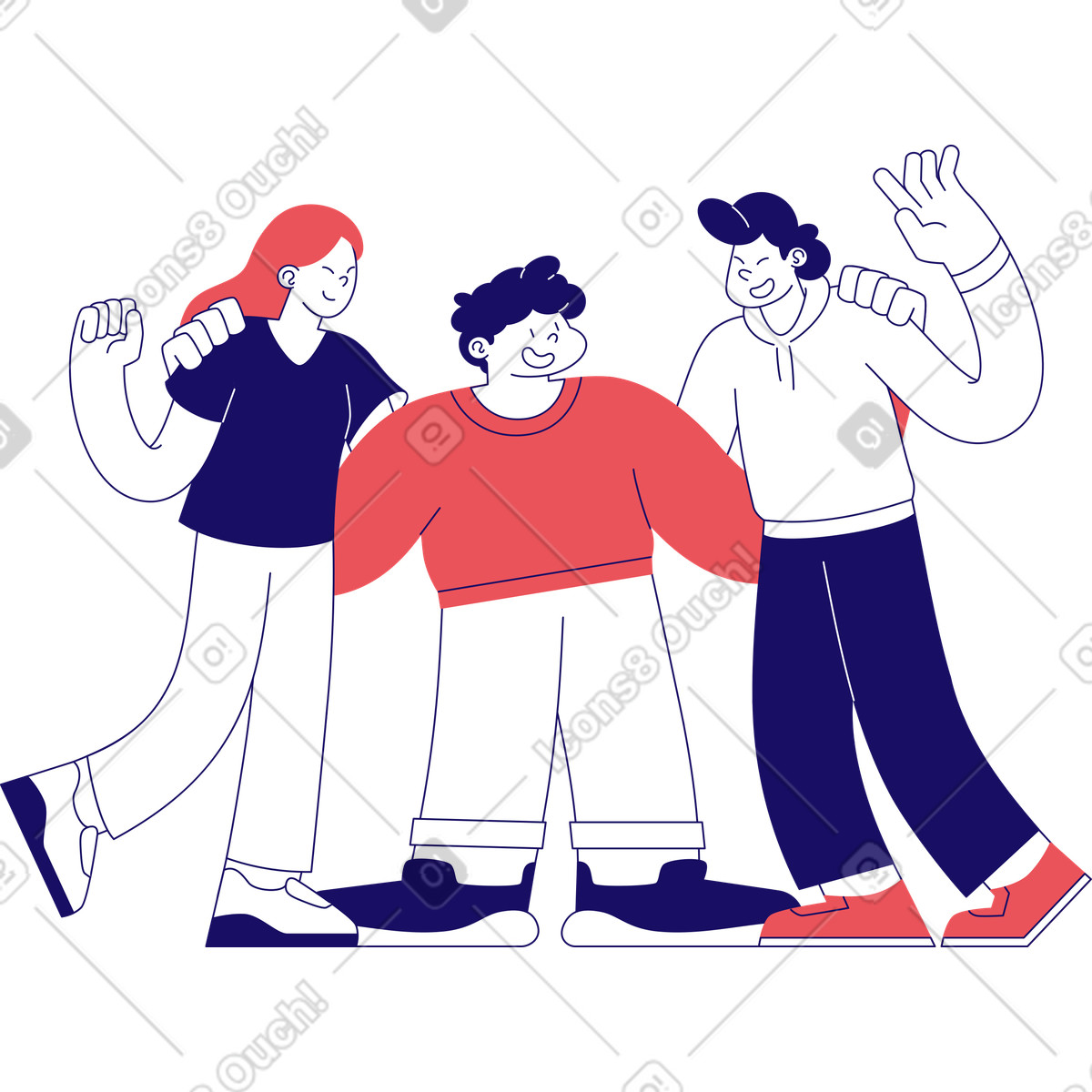 Three friends smiling hugging illustration clipart PNG SVG download