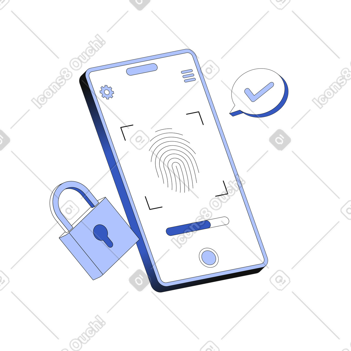 Phone fingerprint verification illustration in Techny style download in PNG, SVG