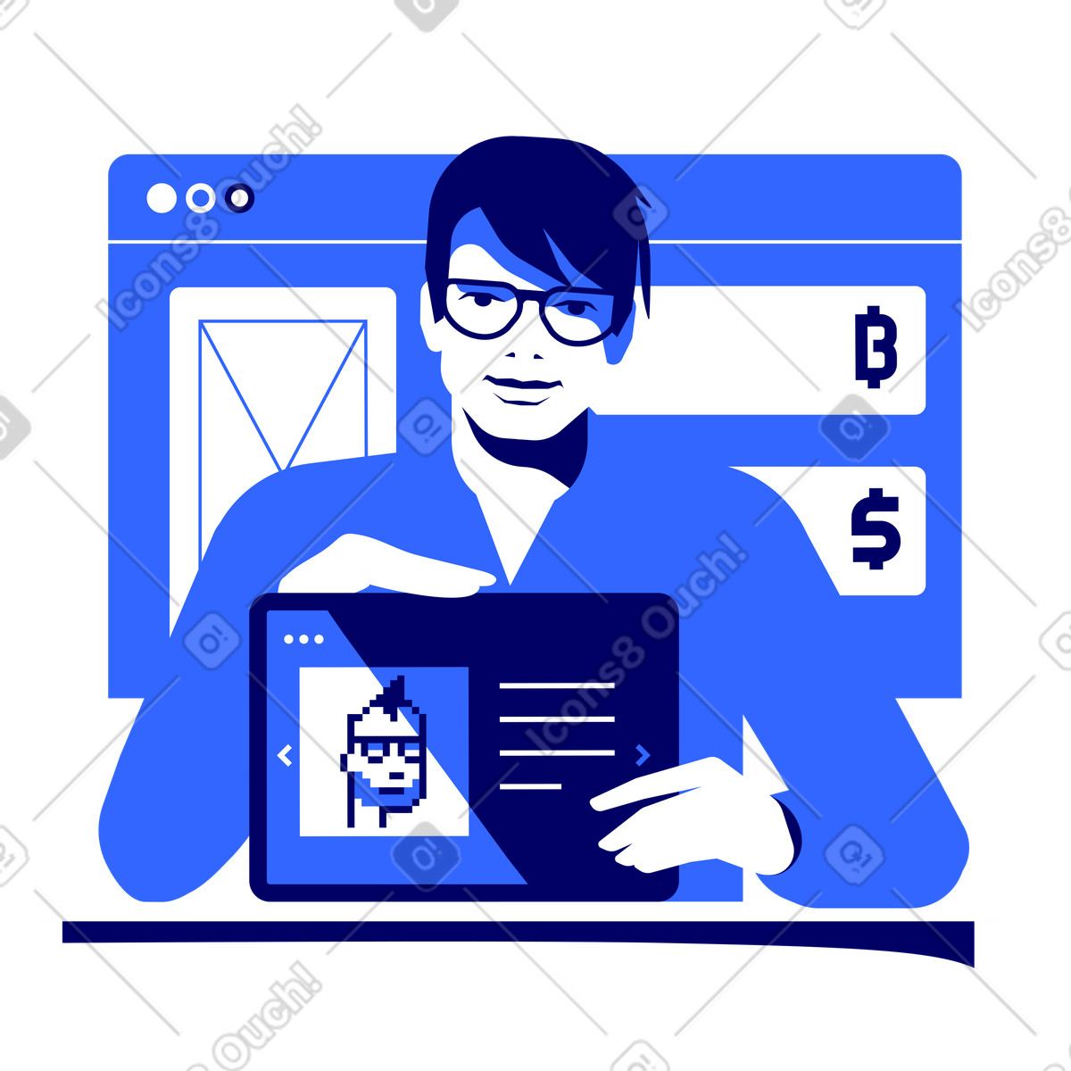 Иллюстрация Мужчина показывает nft в PNG и SVG