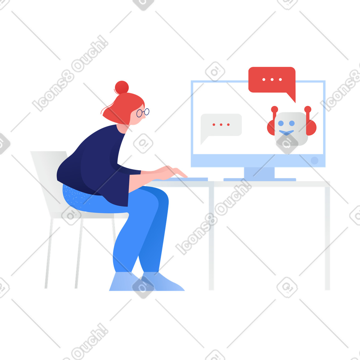 Illustration Femme parlant au chatbot dans le style Clip à télécharger aux formats PNG, SVG