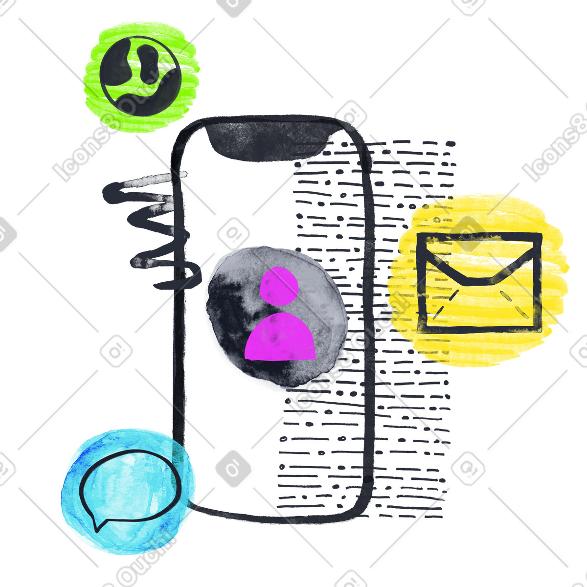 Ilustração de Smartphone with chat and email icons, Social media communication tools em no estilo Inky para baixar em PNG, SVG