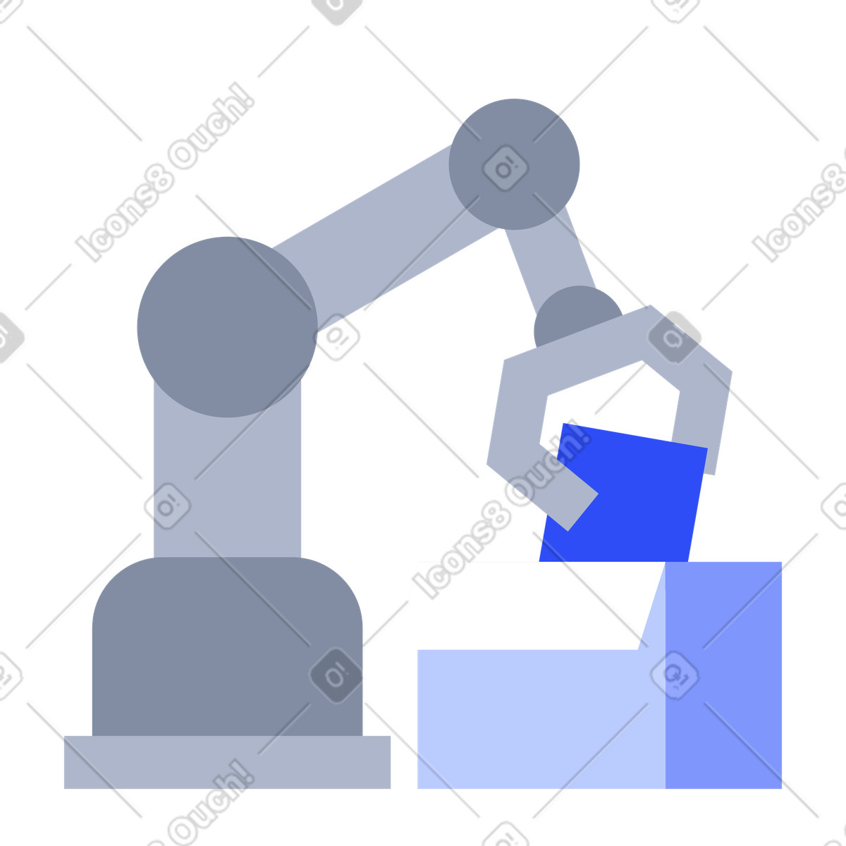 Warehouse automation with robot arm packing product box illustration in System style download in PNG, SVG