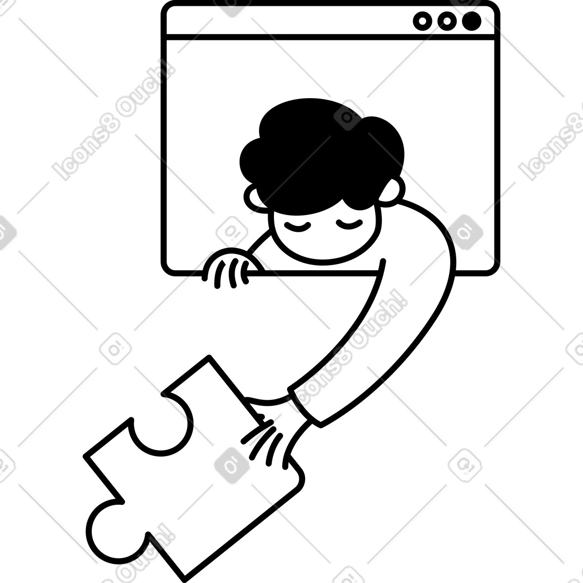 Illustration Puzzle piece held by character reaching out from browser window dans le style Notion Line Art à télécharger aux formats PNG, SVG