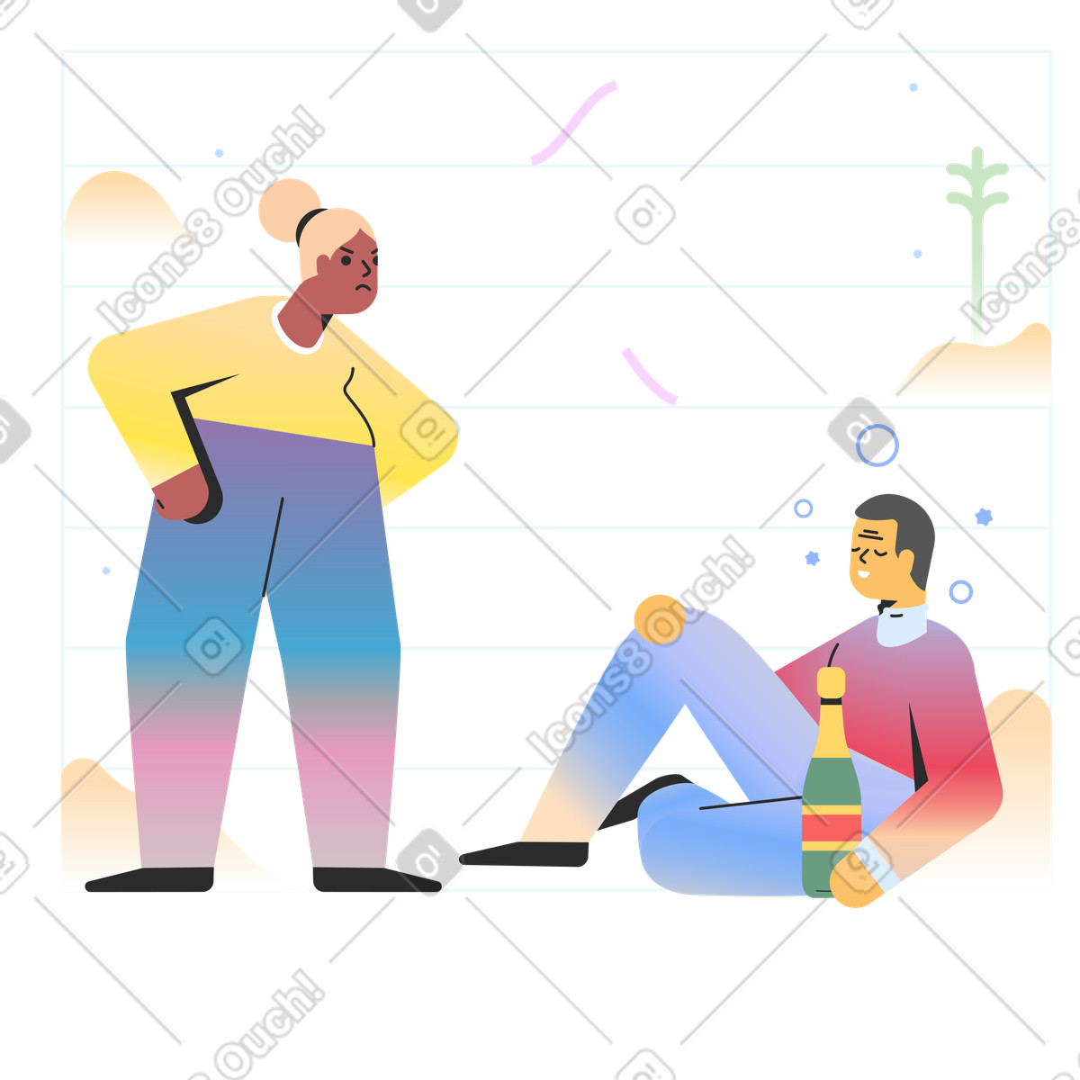 Angry woman standing near a drunk man illustration in Marginalia style download in PNG, SVG