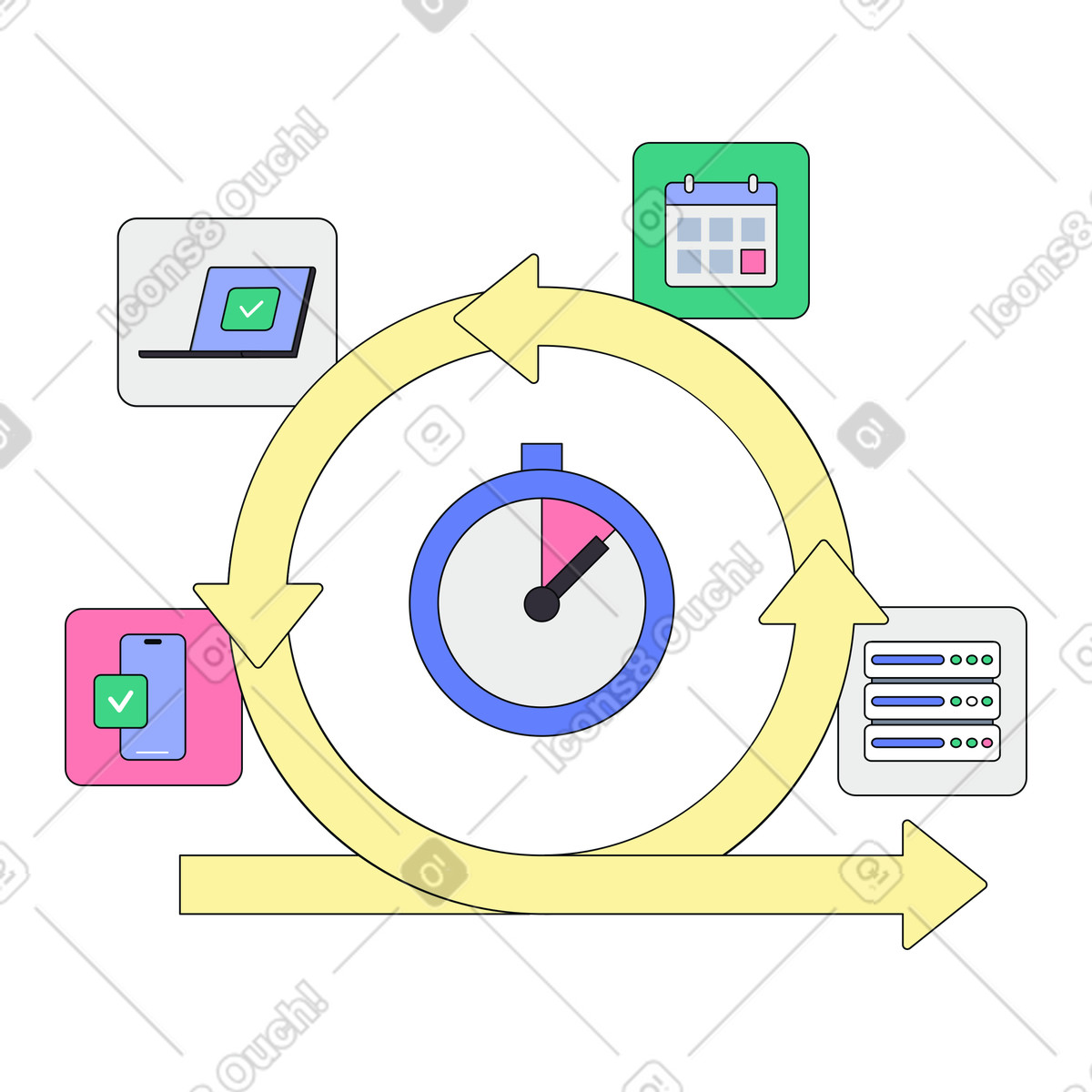 Speed-centric software deployment cycle,CICD pipeline for rapid releases,Agile sprint with time tracking illustration in Teko style download in PNG, SVG