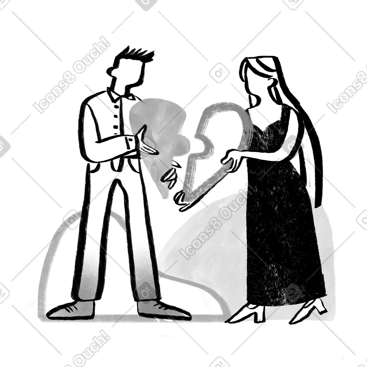 Schwarz-weißer mann und frau, die hälften des herzens halten-Illustration im Company-Stil als Download in PNG, SVG