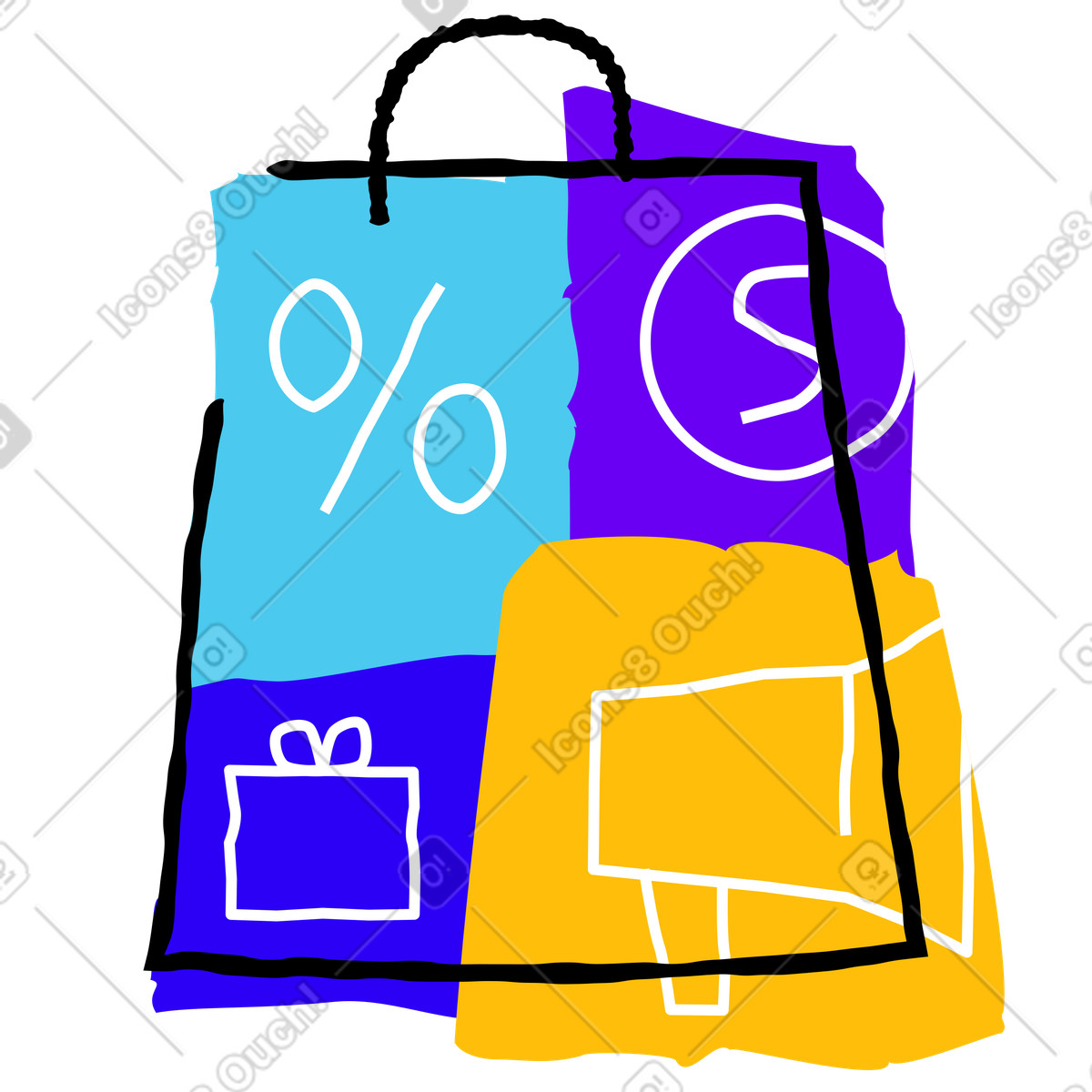 Illustration animée Colorful shopping bag with sale icons, Retail promotion and discount dans le style Puzzle à télécharger aux formats GIF, Lottie (JSON), AE