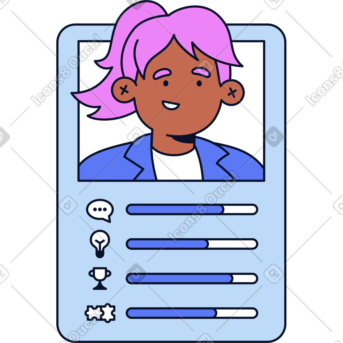 下载 Flexy 风格的 员工卡及其技能 插画，支持 PNG、SVG 格式