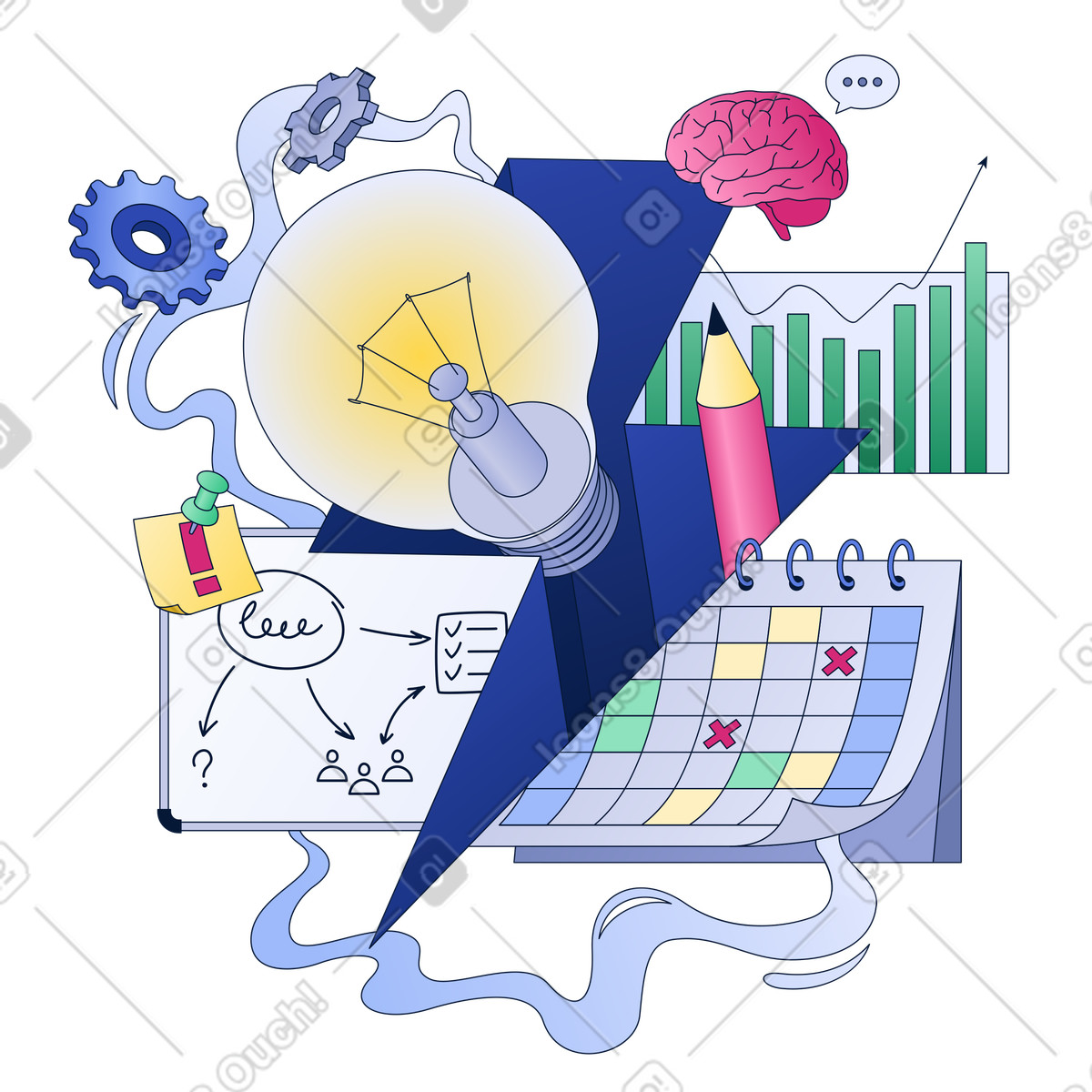 Brainstorming ideas and project management illustration in PNG, SVG