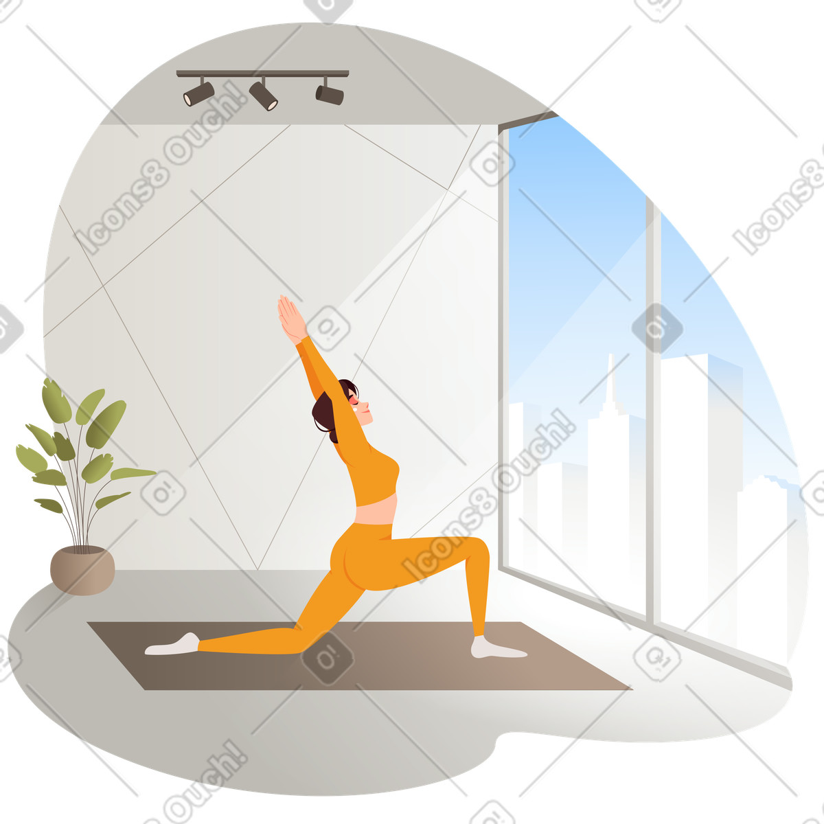 Ilustración Doing yoga stretch indoors, Mindfulness and wellness en estilo Vivid a descargar en PNG y SVG