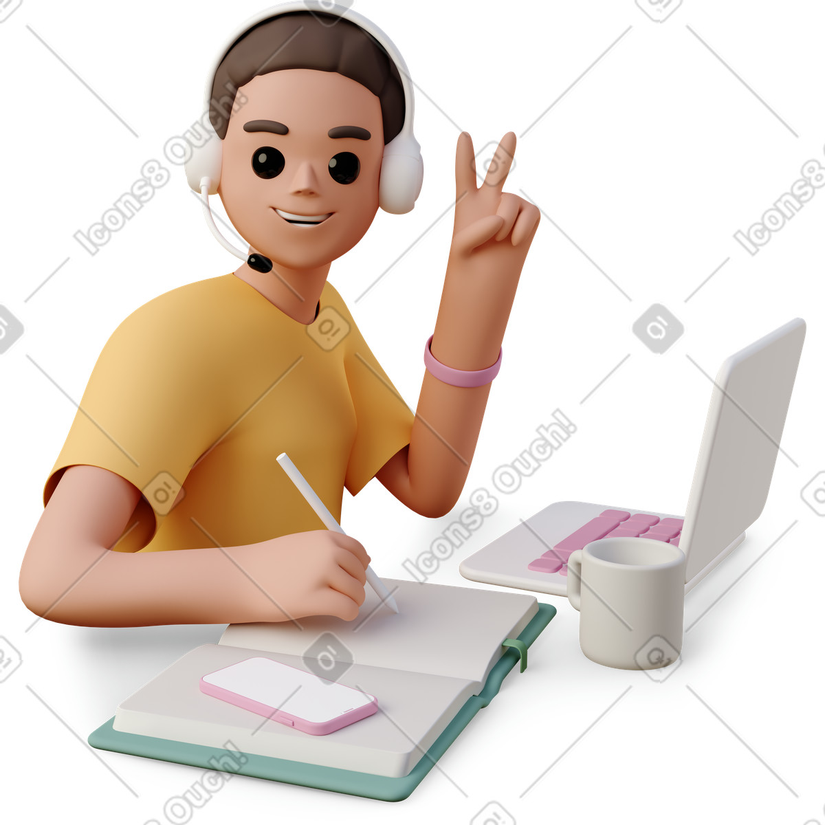 Giovane donna in cuffia a prendere appunti davanti al laptop e mostrare il segno v illustrazione stile 3D Casual life scarica PNG, SVG